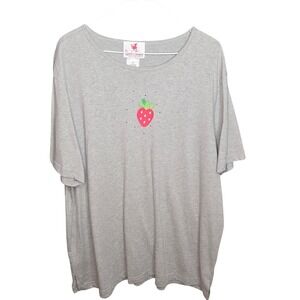 Quacker Factory Strawberry Rhinestone T-Shirt Top Short Sleeve Gray Womens 2X